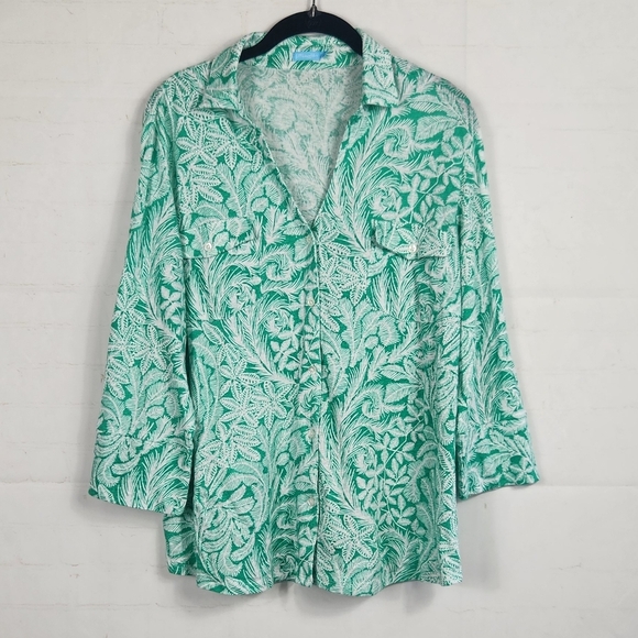 J. McLaughlin Brynn Preppy Linen Button-Up Shirt Tropical Print Green White XL - Picture 2 of 12